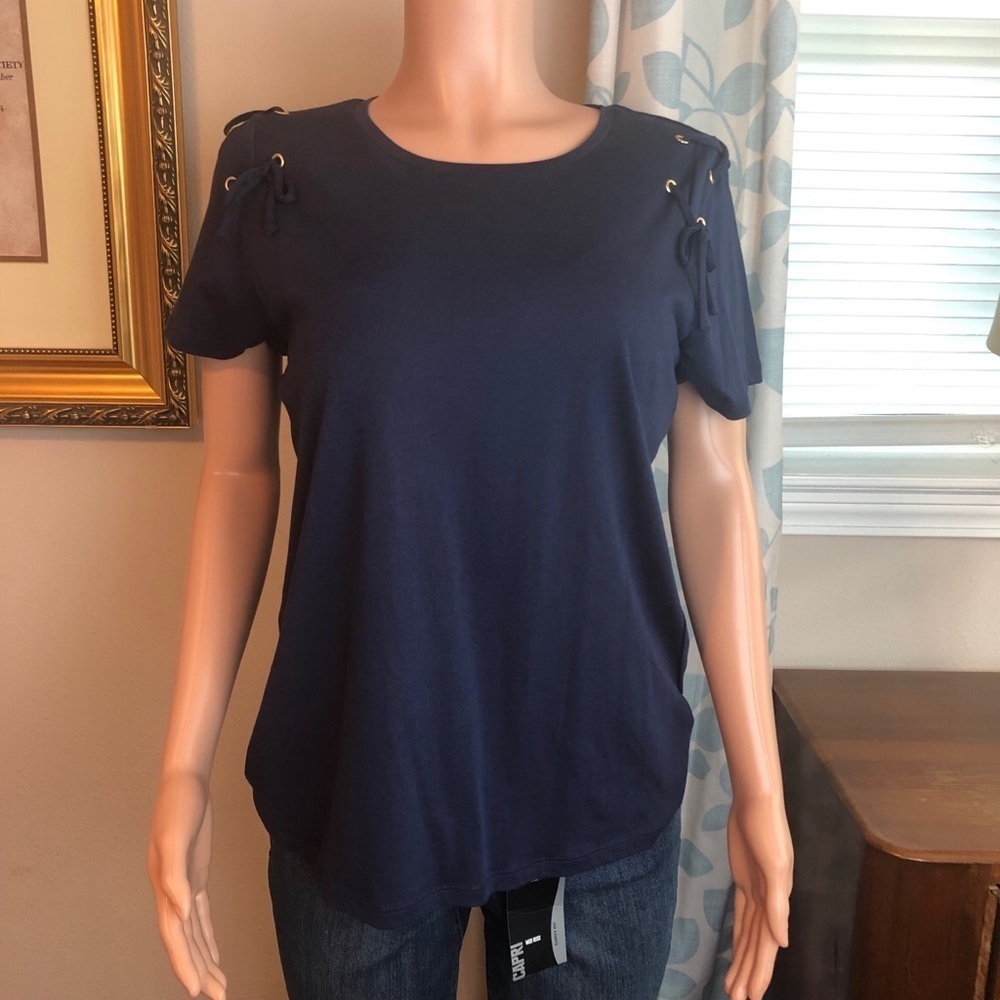 MICHAEL Michael Kors Navy Blue Lace-Up Shoulder Top with Gold Grommets - Picture 5 of 10
